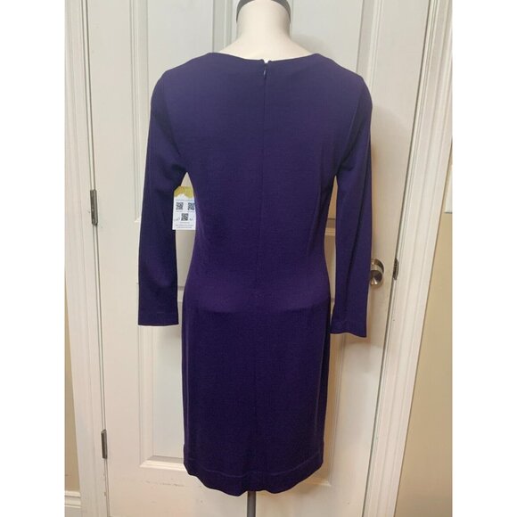 Elie Tahari Purple Wool Blend Shift Dress Gathered Neckline, Size Medium - Picture 6 of 9